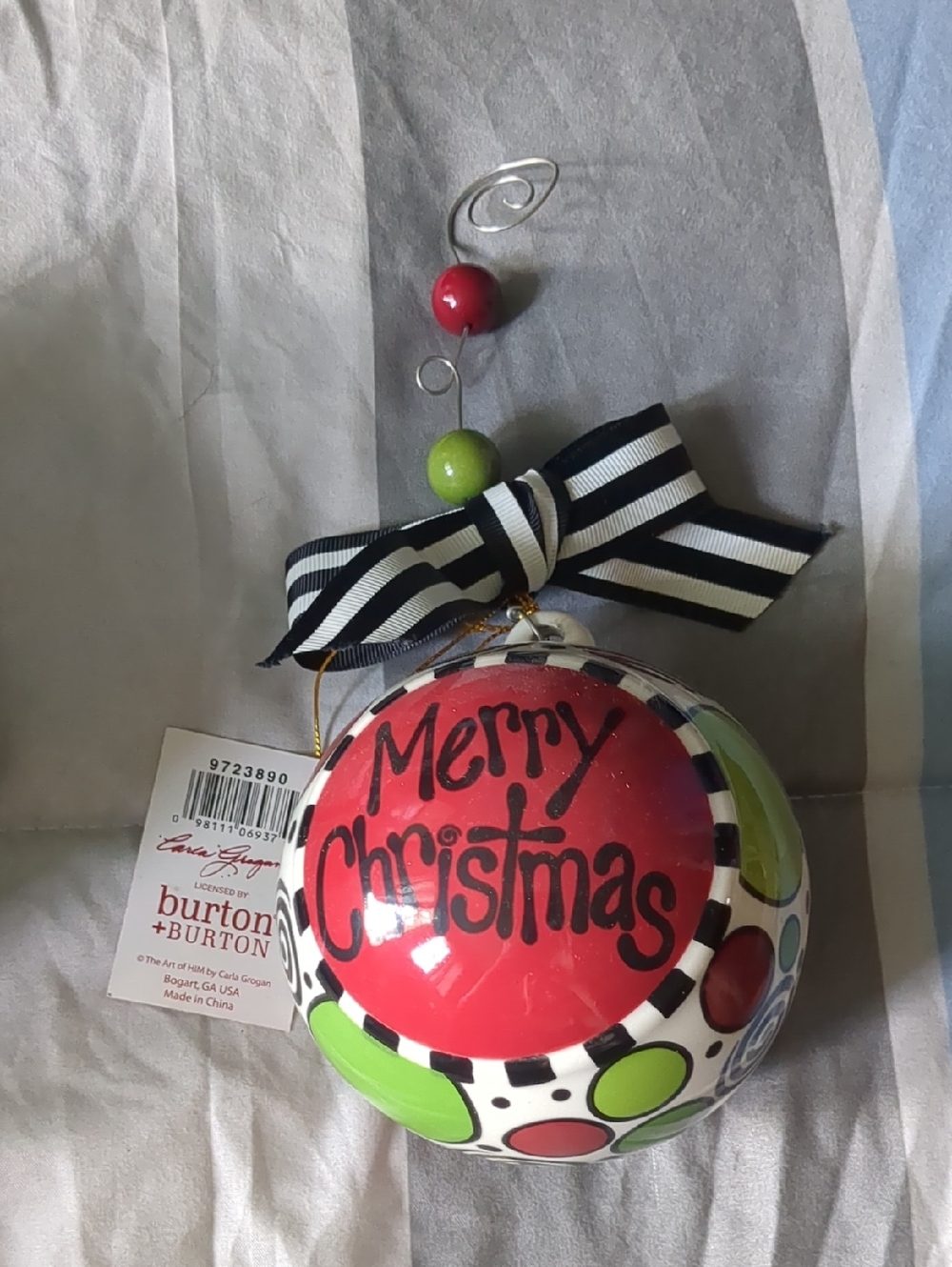Burton + Burton Red and Green 'Merry Christmas' Polka Dot Ornament